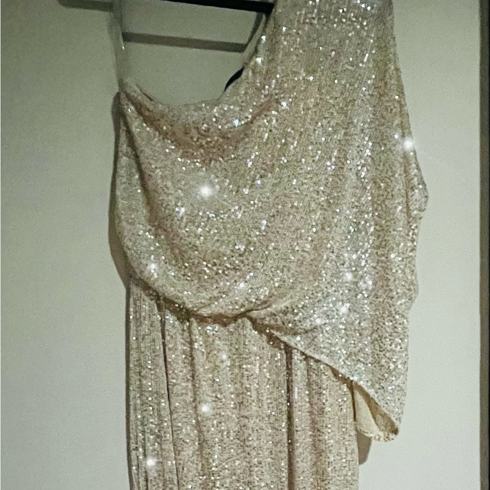 EMPRADA one shoulder champagne colored jumpsuit with sequins. Size XL.